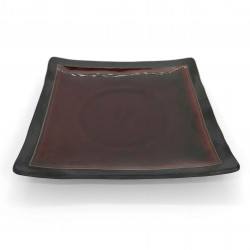 Japanese square ceramic plate, raw edge, brown enamelled center, KIGAMI