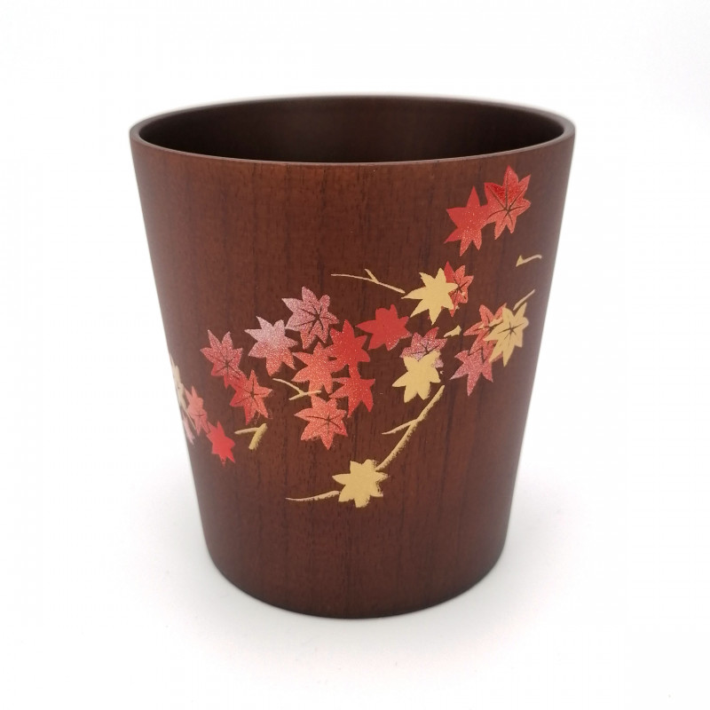 Taza de té japonesa en madera natsume oscura con patrón de hojas de arce lacadas en oro y plata, MAKIE SAKURA
