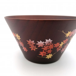 Japanese rice bowl in dark cedar wood with lacquered maple leaves pattern, NATSUME