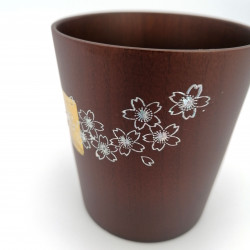 Japanische Teetasse aus dunklem Natsume-Holz mit gold- und silberlackiertem Kirschblütenmuster, MAKIE SAKURA