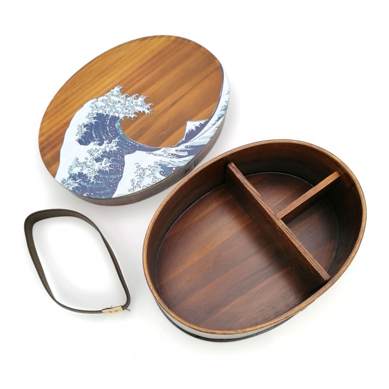 Japanische ovale Bento-Lunchbox mit Wellenmuster aus Zedernholz, NAMIURA