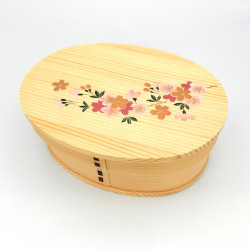 Bento ovale giapponese in legno di cedro con motivo a fiori di ciliegio laccato, MAKIE SAKURA