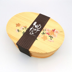 Japanese oval bento lunch box in cedar wood with lacquered cherry blossom pattern, MAKIE SAKURA