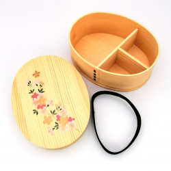 Japanese oval bento lunch box in cedar wood with lacquered cherry blossom pattern, MAKIE SAKURA