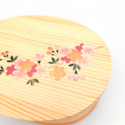 Fiambrera bento japonesa ovalada en madera de cedro con dibujo de flor de cerezo lacado, MAKIE SAKURA