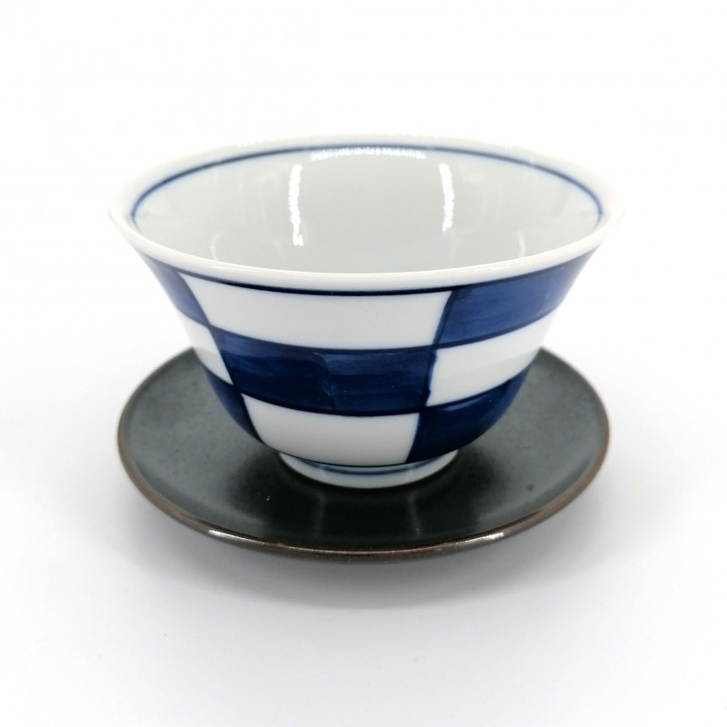 Japanese blue checkered ceramic cup and gray saucer