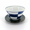 Japanese blue checkered ceramic cup and gray saucer