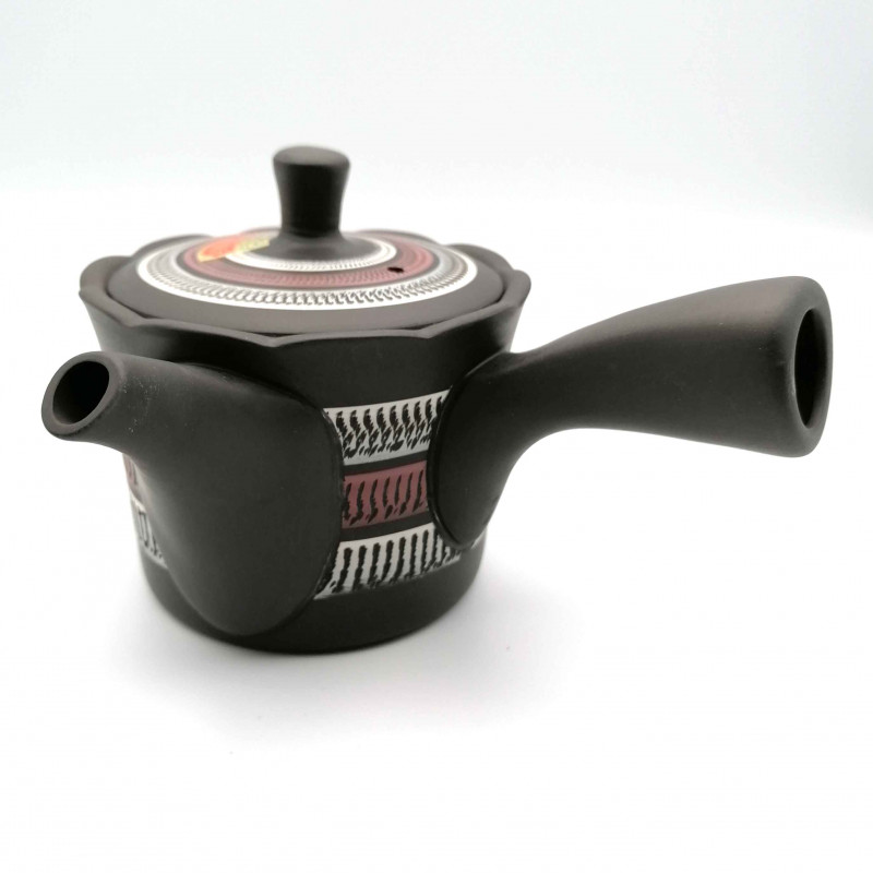 Théière japonaise tokoname kyusu, POKO, bandes rouges et blanches