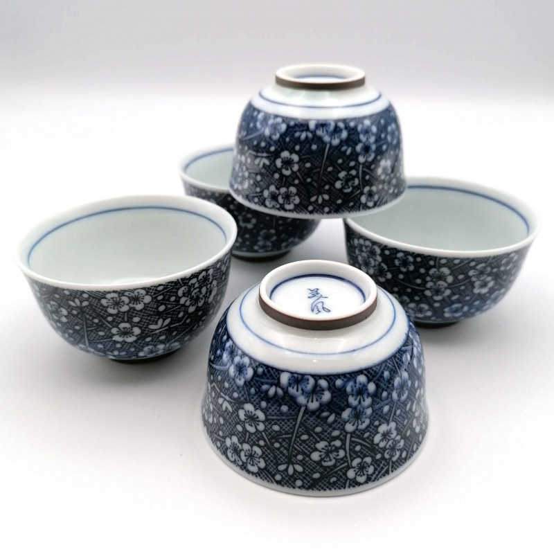 Set di 5 tazze giapponesi blu e piccoli fiori di prugna - UME