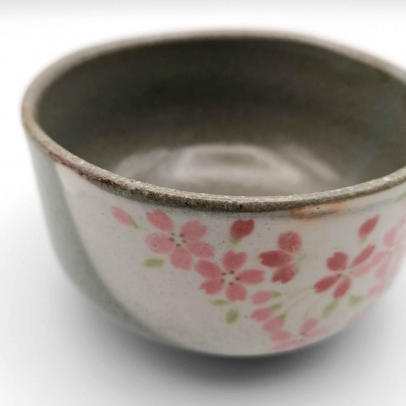 Cuenco de té de cerámica japonesa, SAKURA, gris y rosa