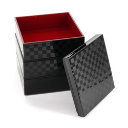 Japanese black jyubako lunch box with checkered pattern, ICHIMATSU, 15x15x17cm