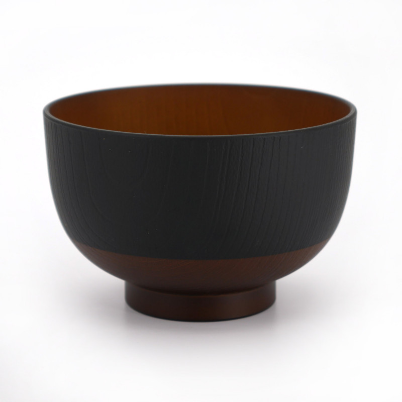 Japanese black red and purple bowl trio in imitation wood resin, KYOGATA, 10.7cm