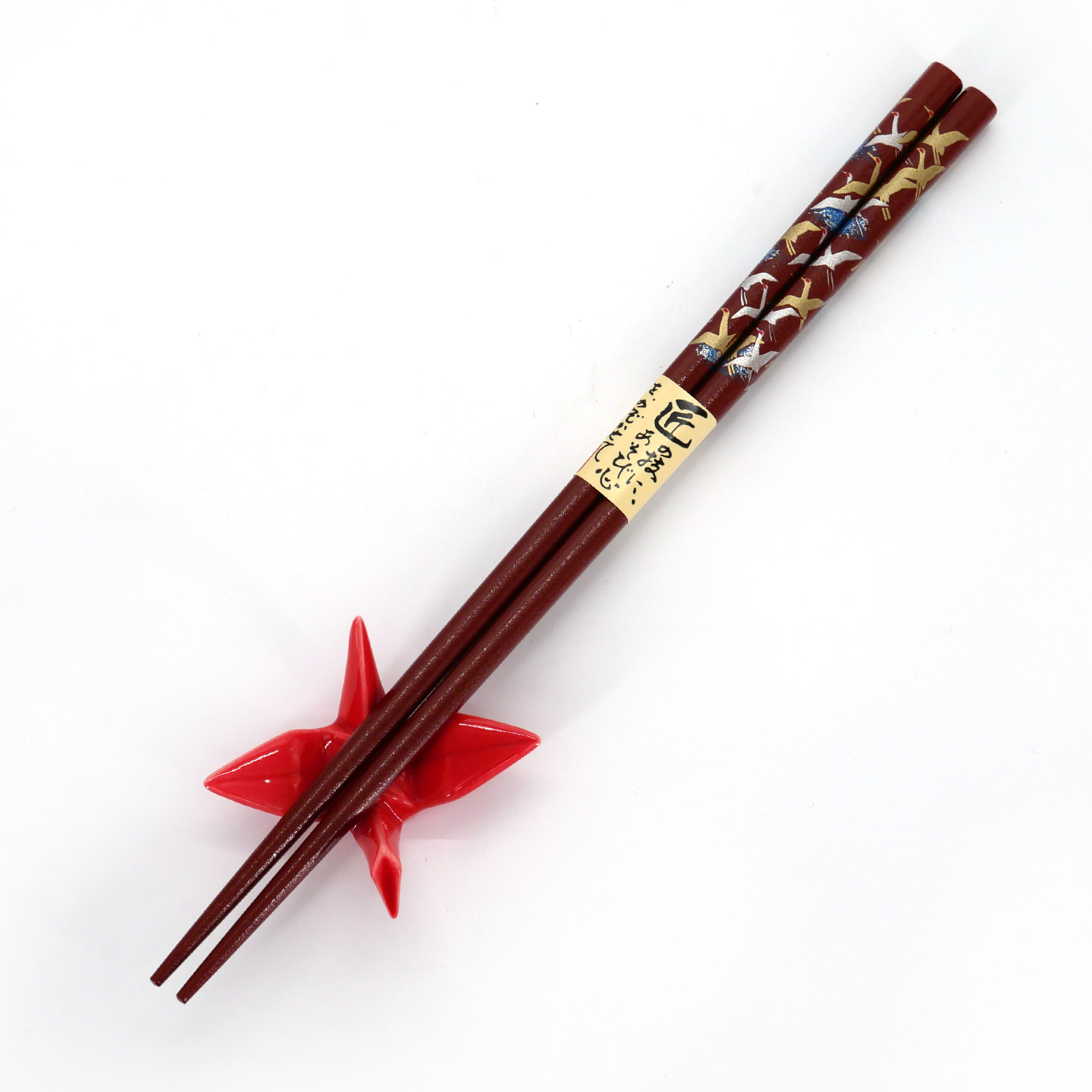 Paire de baguette japonaise en bois rouge motif grues japonaises