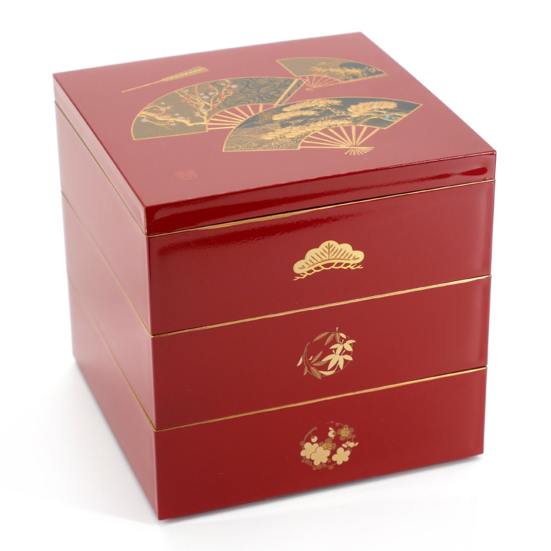 Japanese red jyubako lunch box with bamboo pine and plum tree pattern, KENROKU, 15x15x15cm