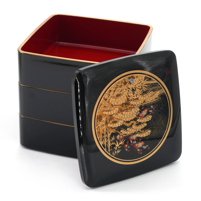 Japanese black jyubako lunch box with bamboo pine and plum tree pattern, SHOCHIKUBAI, 15x15x15cm