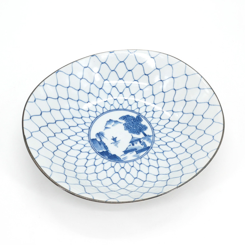set di 5 piatti rotondi giapponesi , AIE KAWARI, blu e bianco