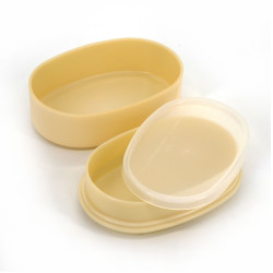 Boîte à repas Bento japonaise ovale beige motif fleur jaune avec une paire de baguettes assortie, KINMOKUSEI, 15.5cm