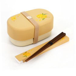 Bento giapponese ovale beige con motivo floreale giallo con un paio di bacchette abbinate, KINMOKUSEI, 15,5 cm