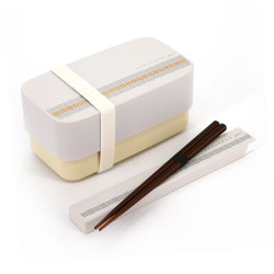 Fiambrera bento japonesa rectangular blanca con patrón Edo tradicional y su par de palillos a juego, MIKUZUSHIMON, 15,4cm