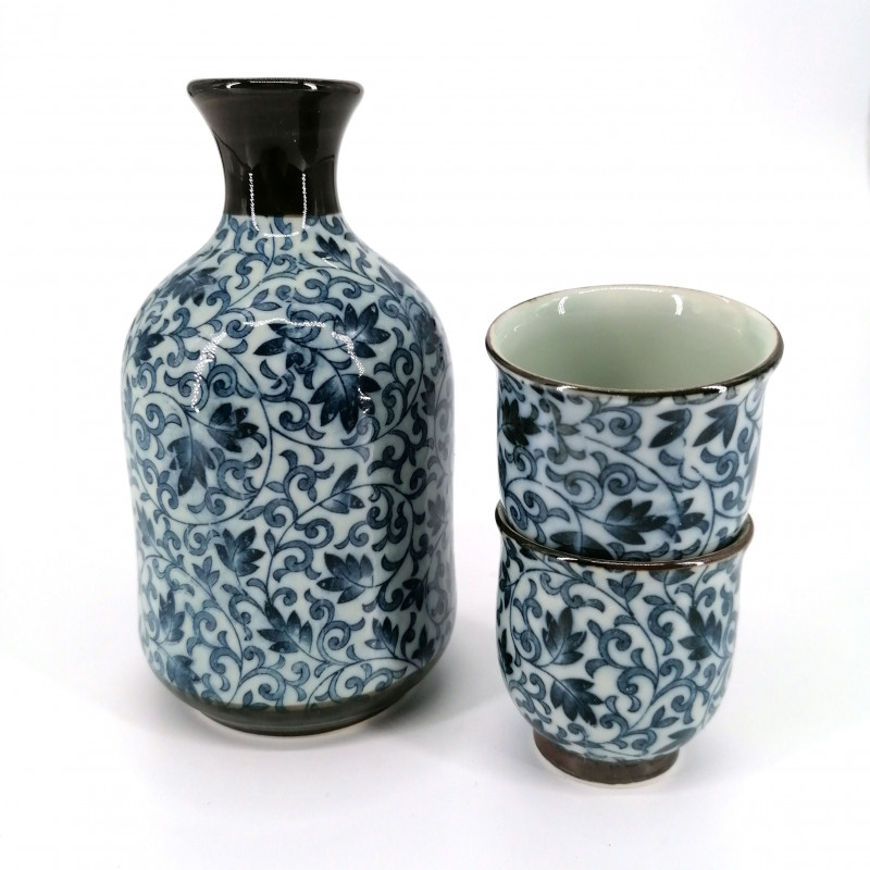 Servicio de sake japonés 2 vasos y 1 botella, KOZOME TSURU KARAKUSA