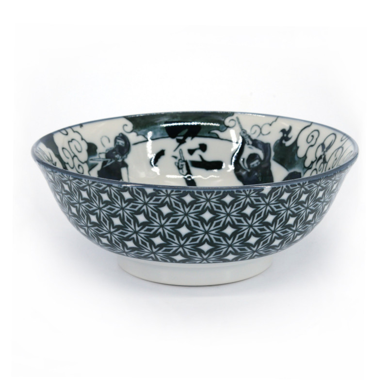 Japanese ceramic ramen bowl, NINJA, black and white