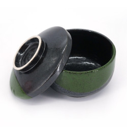 Chawanmushi Japanese tea bowl with lid, black and green - SANKAKKEI