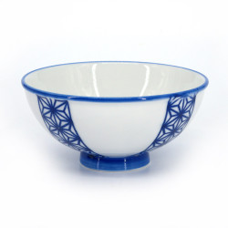 Japanese ceramic rice bowl, white and traditional blue pattern, FUKEI