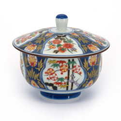 Tazza da tè giapponese con coperchio Chawanmushi, blu rossa KOIMARI fiori