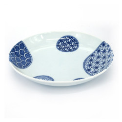 Piatto rotondo giapponese in ceramica, patchwork, blu e bianco, PATAN