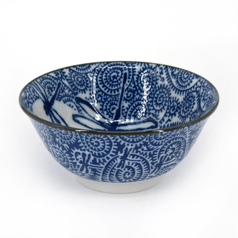 Japanese dragonfly ceramic ramen bowl, TOMBO, blue and white