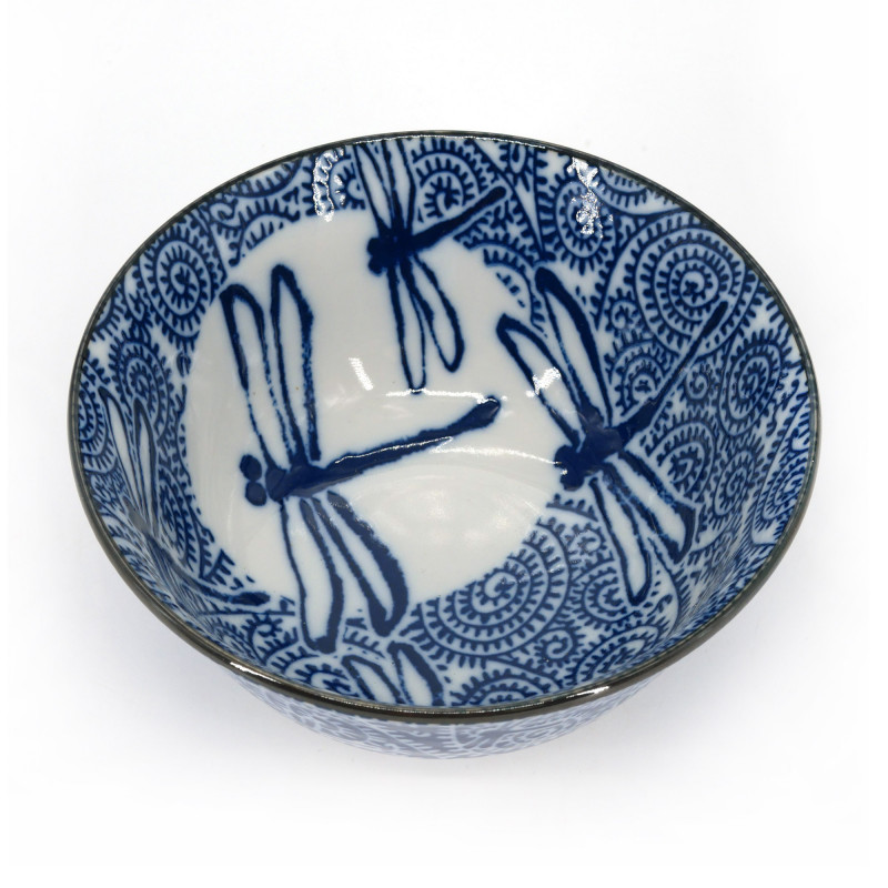 Japanese dragonfly ceramic ramen bowl, TOMBO, blue and white