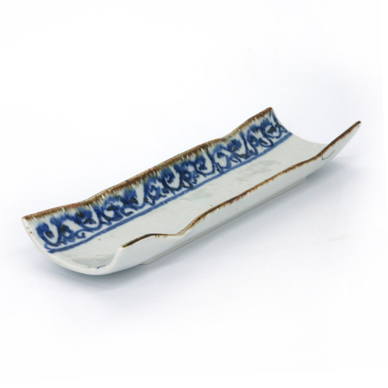 Assiette japonaise rectangulaire, blanc motifs bleus, KARAKUSA