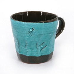 Japanese brown and blue ceramic mug, lines and dots, DOT