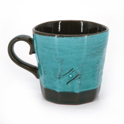 Japanese brown and blue ceramic mug, lines and dots, DOT