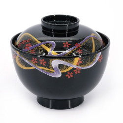 Soup bowl with black resin lid, SAKURA KAZE, 11 cm