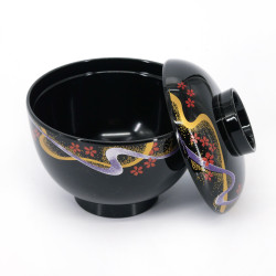 Soup bowl with black resin lid, SAKURA KAZE, 11 cm