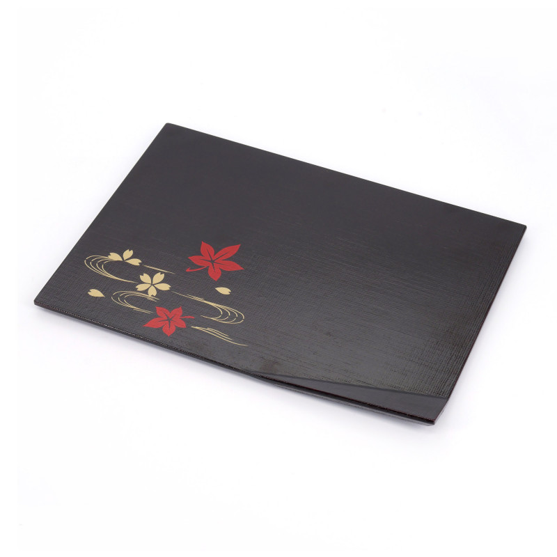 Plateau à sushis rectangle noir en résine motif feuilles d'érable et fleurs de cerisier, MOMIJI SAKURA, 25,5 cm 