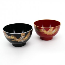 Duo of Japanese black and red resin bowls with golden pattern, FUGA, 12.5x7.5cm