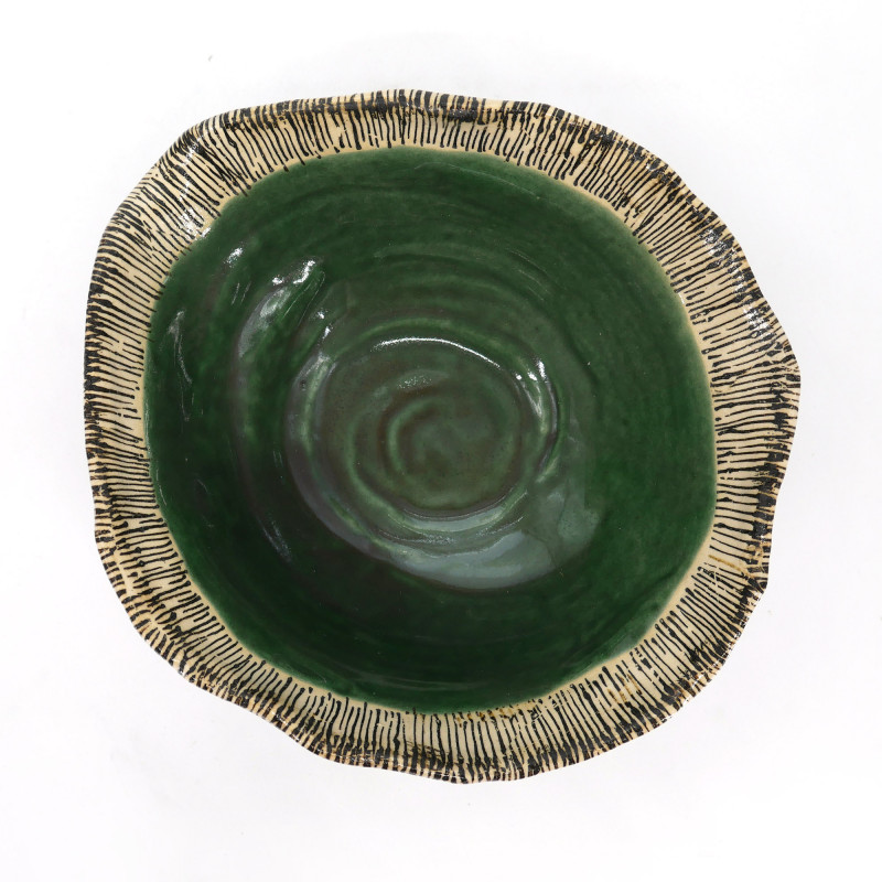 Japanese ceramic bowl, MIDORIBEJU, green and beige