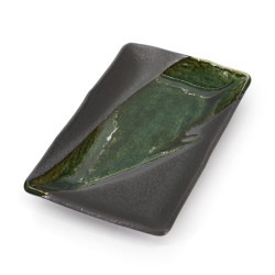 Plato rectangular de cerámica japonesa, SUMUZU, verde y gris oscuro