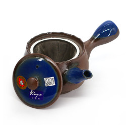 Teiera giapponese in ceramica kyusu, AZA, marrone e blu