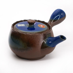 Japanese ceramic kyusu teapot, AZA, brown and blue