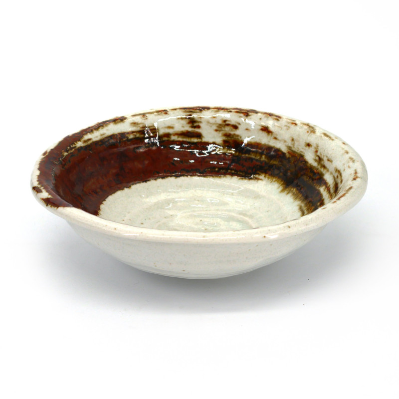 Assiette creuse japonaise blanche, KONSEKI, pinceau marron