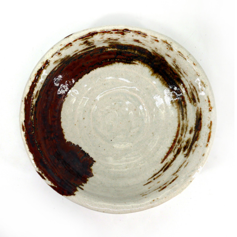 Assiette creuse japonaise blanche, KONSEKI, pinceau marron