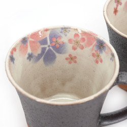 Duo of japanese terracotta mug, blue and pink sakura patterns, AO TO PINKU