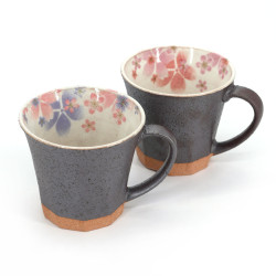 Duo of japanese terracotta mug, blue and pink sakura patterns, AO TO PINKU