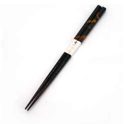 Pair of Japanese chopsticks in black natural wood with moon rabbit pattern, WAKASA NURI ZANGETSU, 23 cm