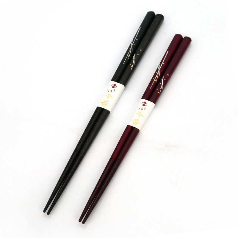 Par de palillos japoneses en madera natural roja o negra, WAKASA NURI KAZE, 21 o 23 cm