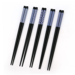 Juego de 5 pares de palillos japoneses negros con motivos azules, AOBAOI, 22,5 cm