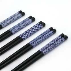 Set of 5 pairs of black Japanese chopsticks with blue patterns, AOBAOI, 22.5cm